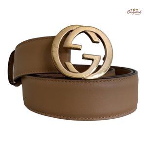 Authentic Gucci Beige Calfskin Leather Gold Interlocking G Buckle Belt 95/38
